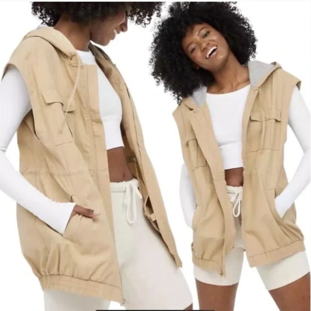 NEW Aerie OFFLINE Cotton Canvas Hooded Cargo Vest, Size S Oversized Fit
